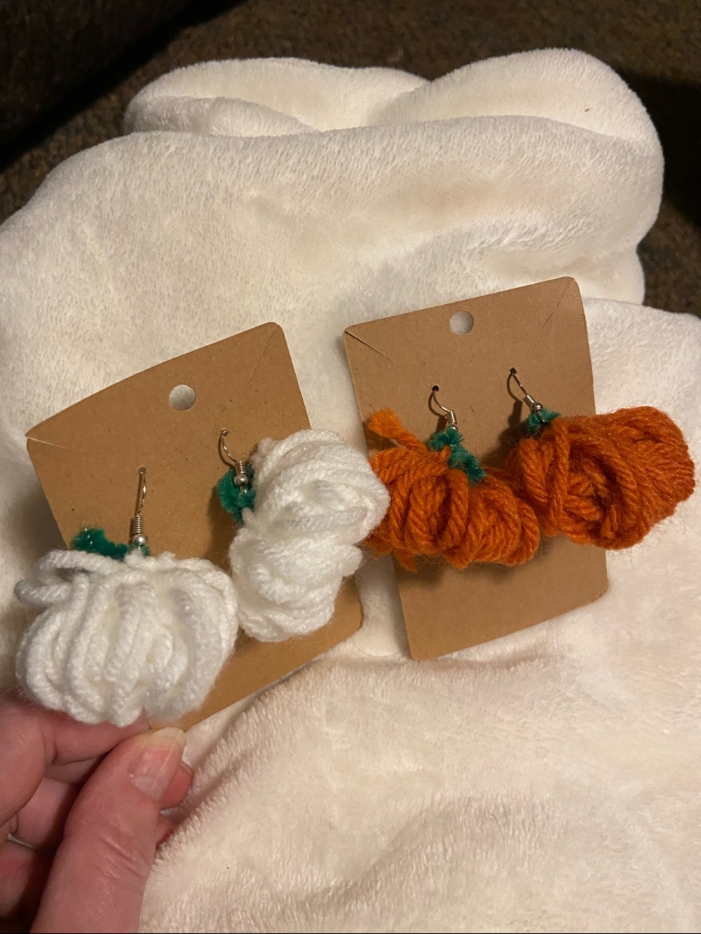 Hand Crafted White & Orange Pumpkin Yarn Earrings - Picture 4 of 4